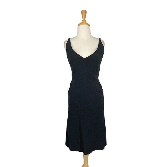 Zac Pozen 2 S Black Cocktail Dress Midi Deep V Tailored Wiggle Pencil Y2K VTG - Picture 2 of 10